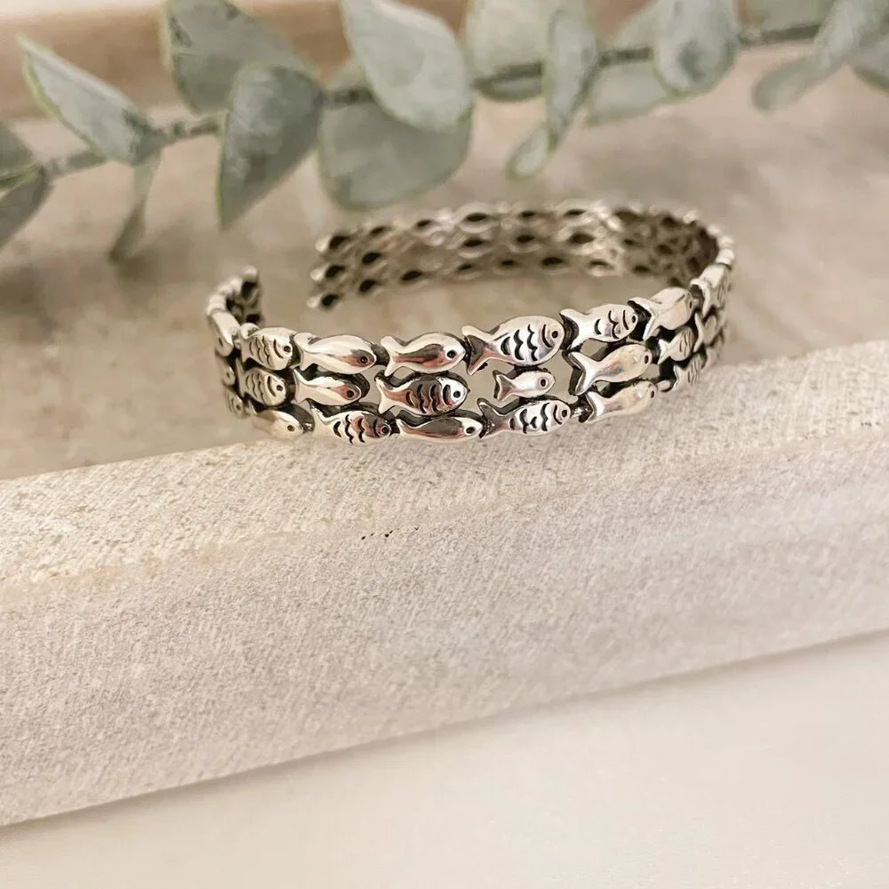 925 Sterling Silver Cuff Bracelet School of Fish Bracelet Modern Silver Bangle - Picture 4 of 9